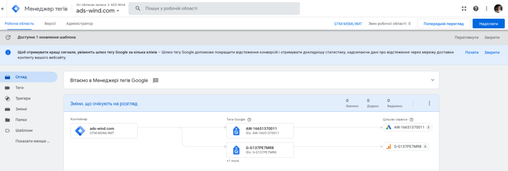 Кабінет Google Tag Manager з розділом тегів і конфігурацією тегу GA4